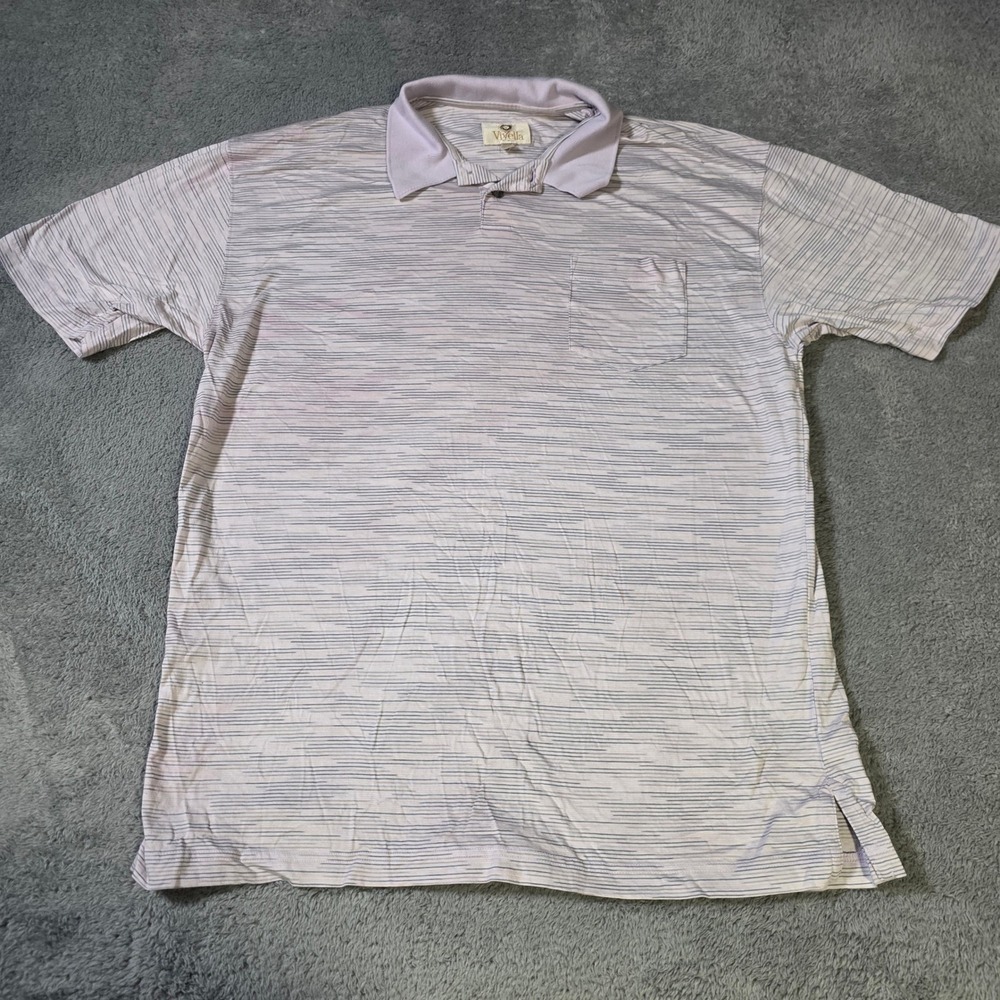 Viyella Mens Large Polo‎ Shirt Lavender Grey Striped Short Sleeve Pocket 2255